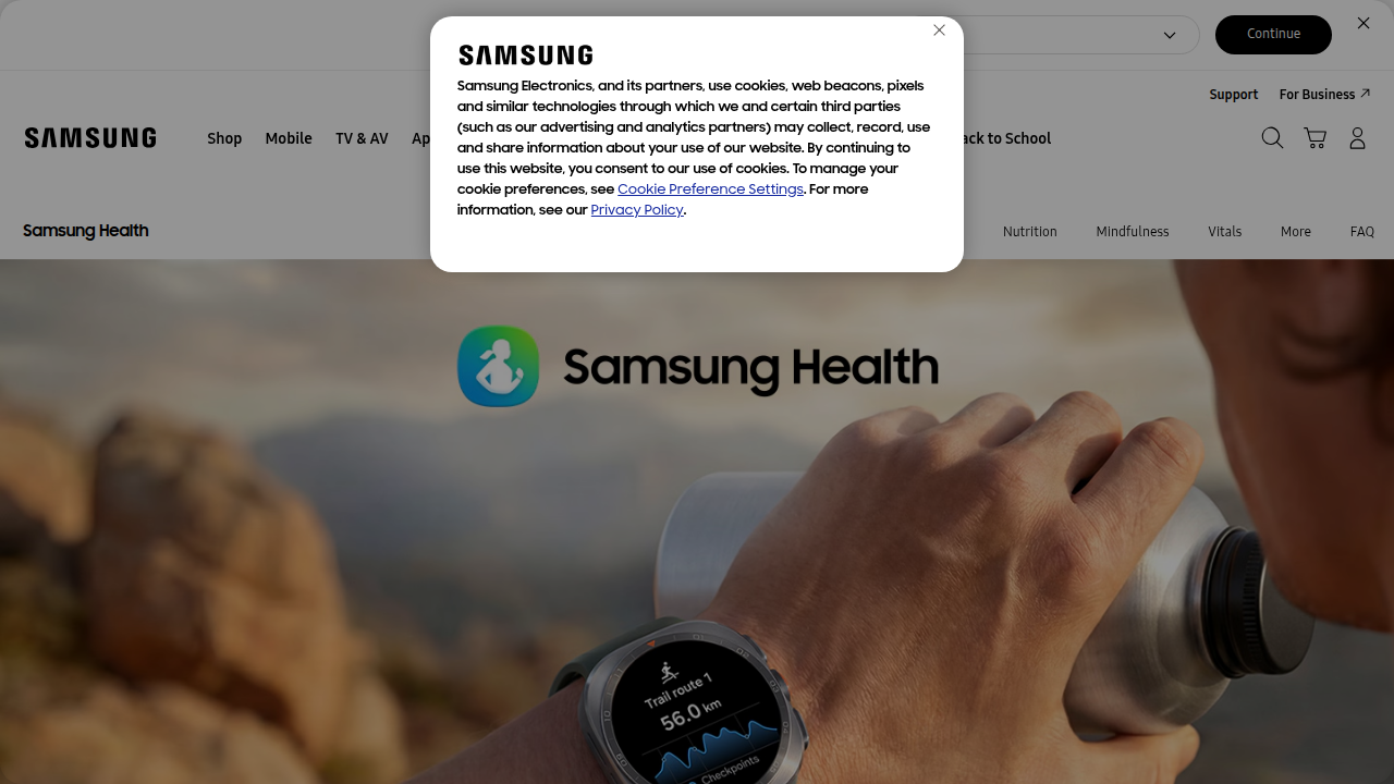 The official Samsung Health application and services page, highlighting its features and availability.