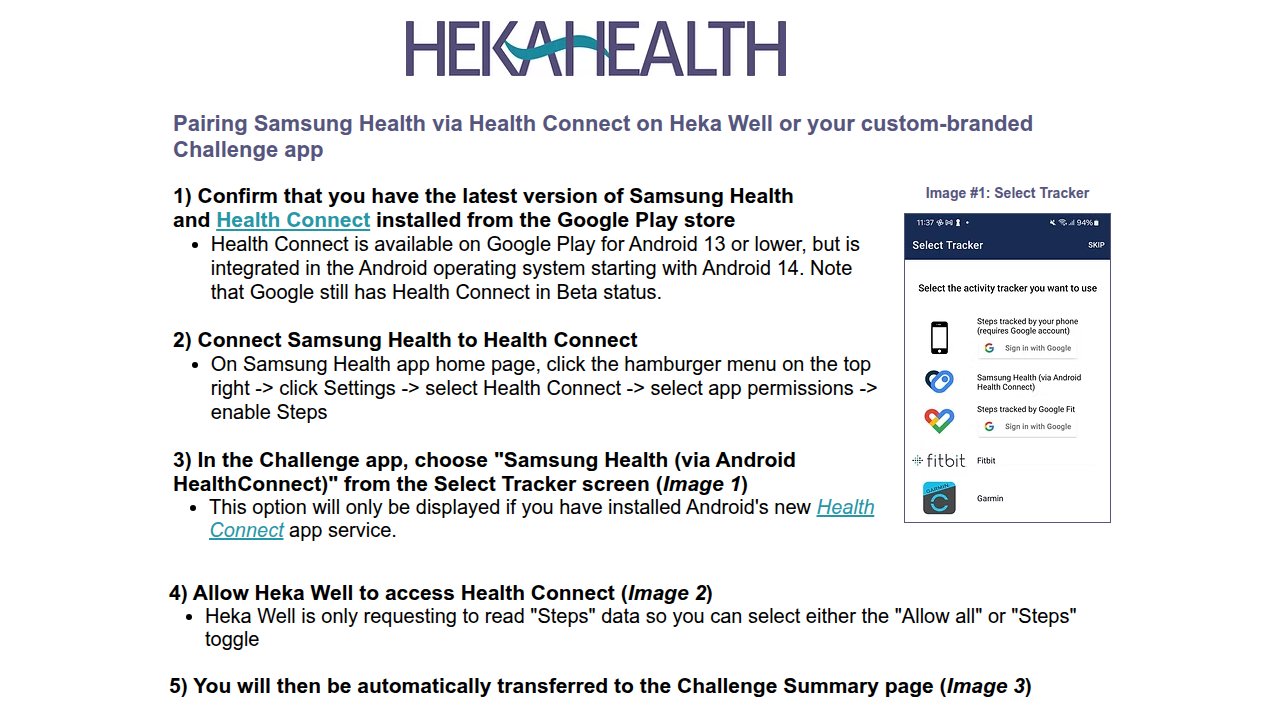 An example of a support page detailing how Samsung Health pairs with Google's Health Connect for broader data sharing.
