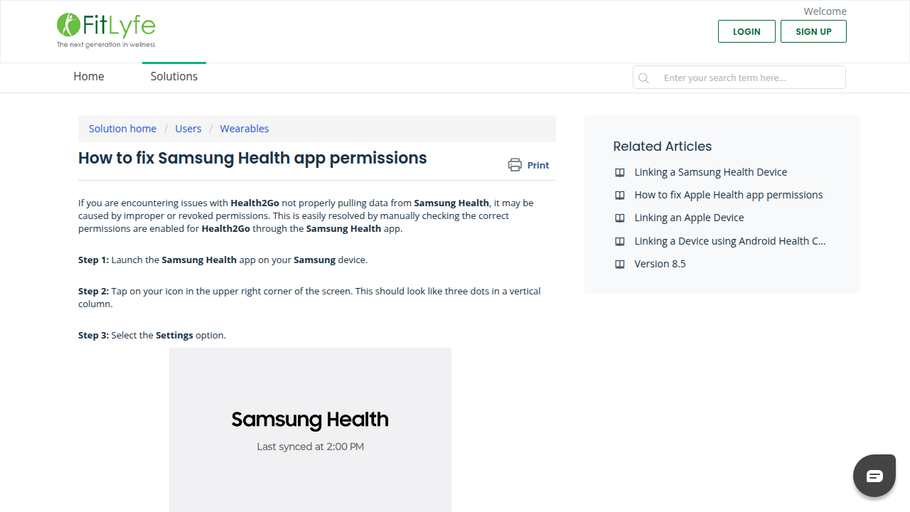 A support article explaining how to troubleshoot and fix app permissions for Samsung Health to ensure proper data collection.