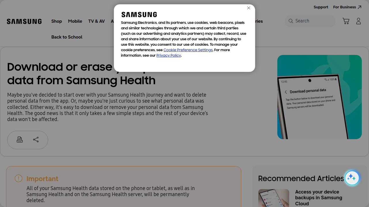 A Samsung support page detailing how users can download or erase their personal health data from Samsung Health.