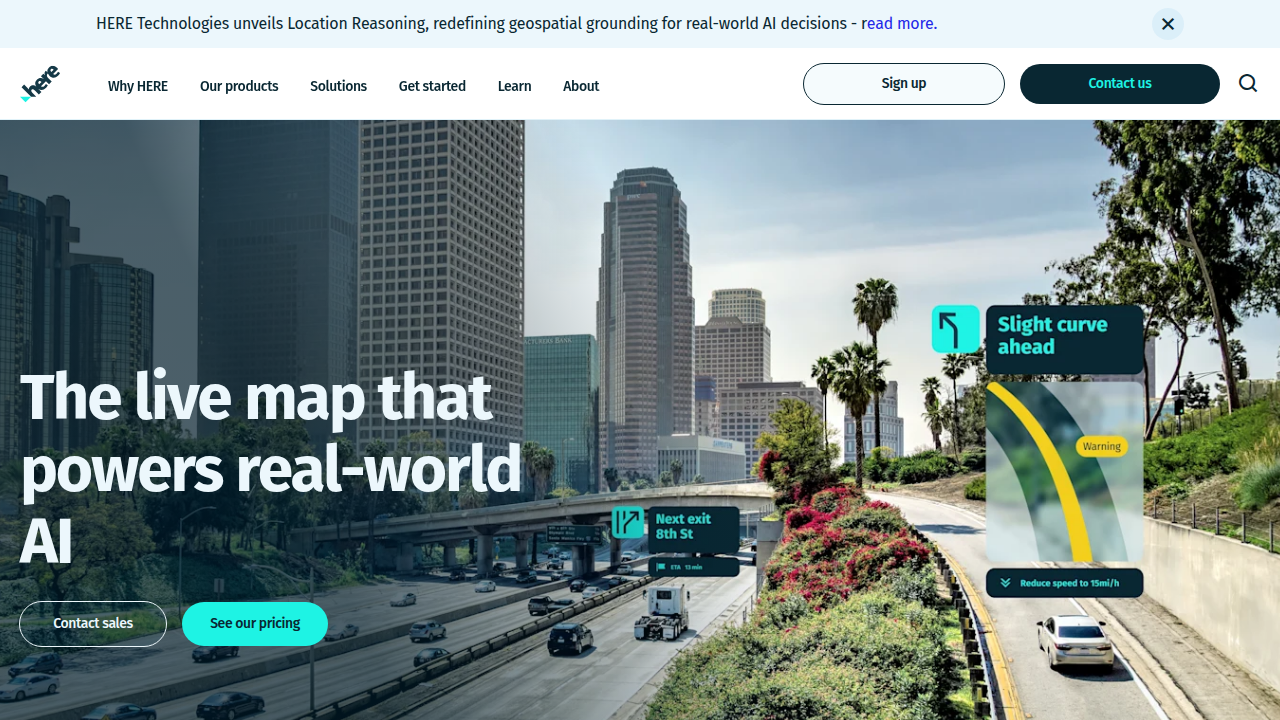 A view of the HERE Technologies homepage, showcasing their commitment to location data and mapping services for various industries.