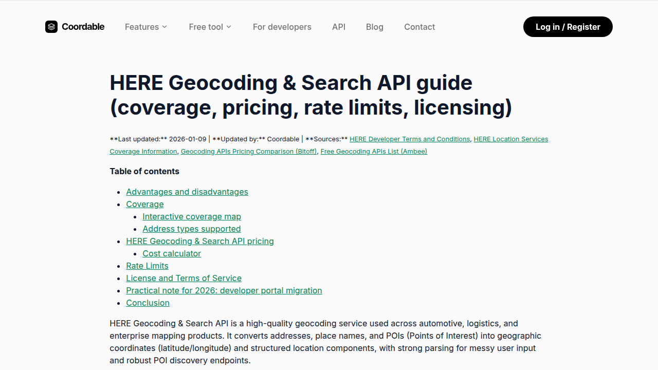 Details from a guide for HERE's Geocoding & Search API, illustrating pricing and usage tiers for developers.