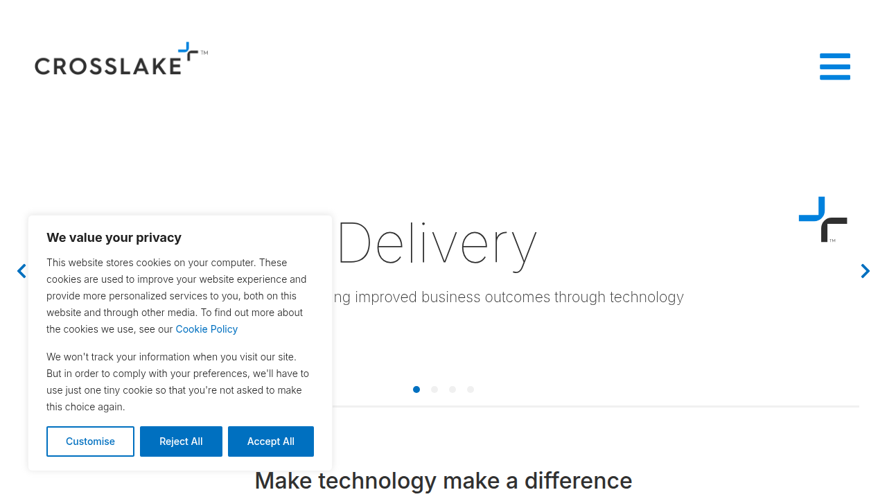 Homepage of Crosslake Tech, a company offering technology advisory and selection frameworks.