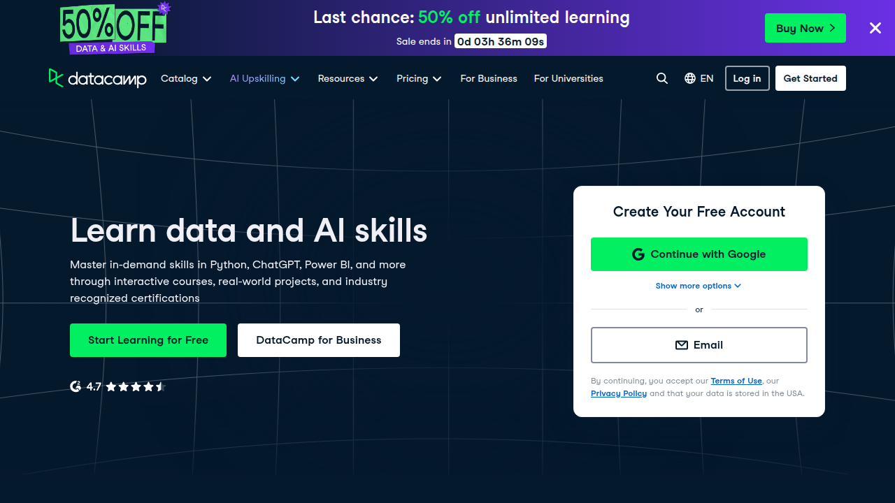 The homepage of DataCamp, a platform offering resources and insights, relevant for those seeking clear tech information.