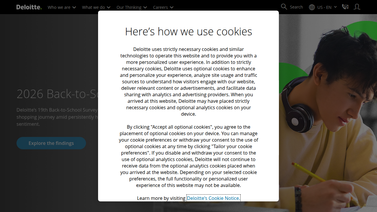 The homepage of Deloitte, a global professional services firm, known for its insights into technology trends.