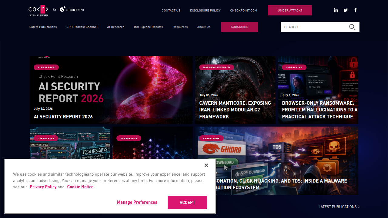 The homepage of Check Point Research, a leading cybersecurity research division that publishes reports on AI security.