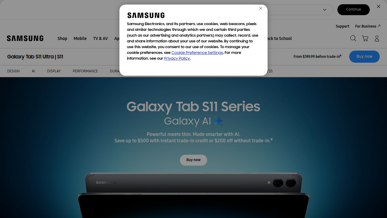 Screenshot of the Samsung US website showcasing the Galaxy Tab S11 Series, highlighting design and build features.