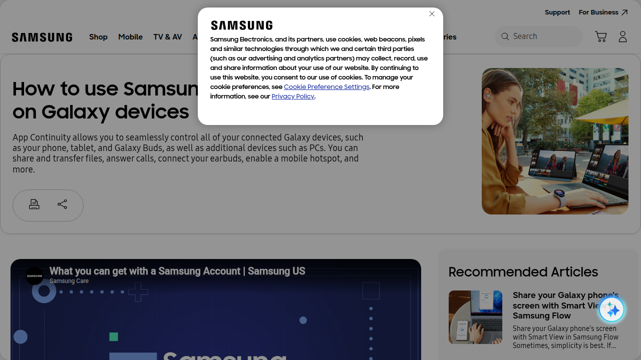 Screenshot of a Samsung support page explaining how to use Apps Continuity features across Galaxy devices.