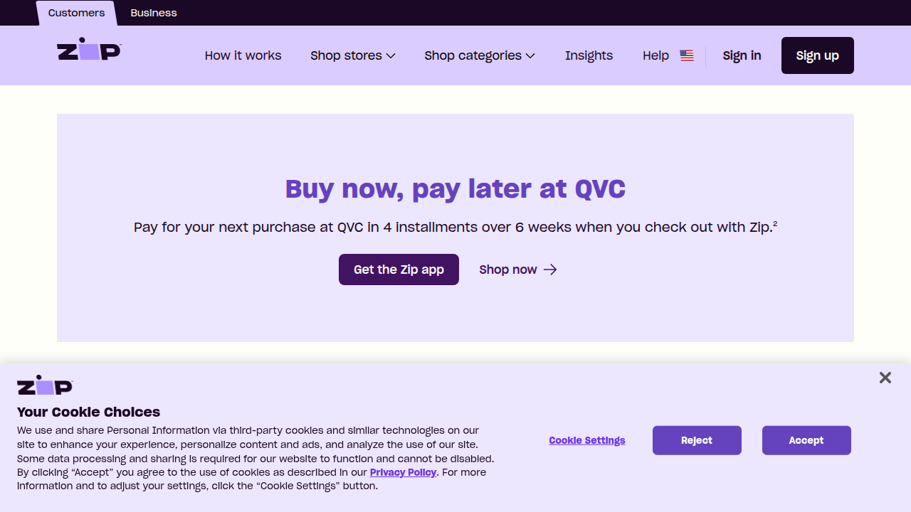 A screenshot of Zip.co's page detailing 'Buy Now, Pay Later' options for shopping on QVC.