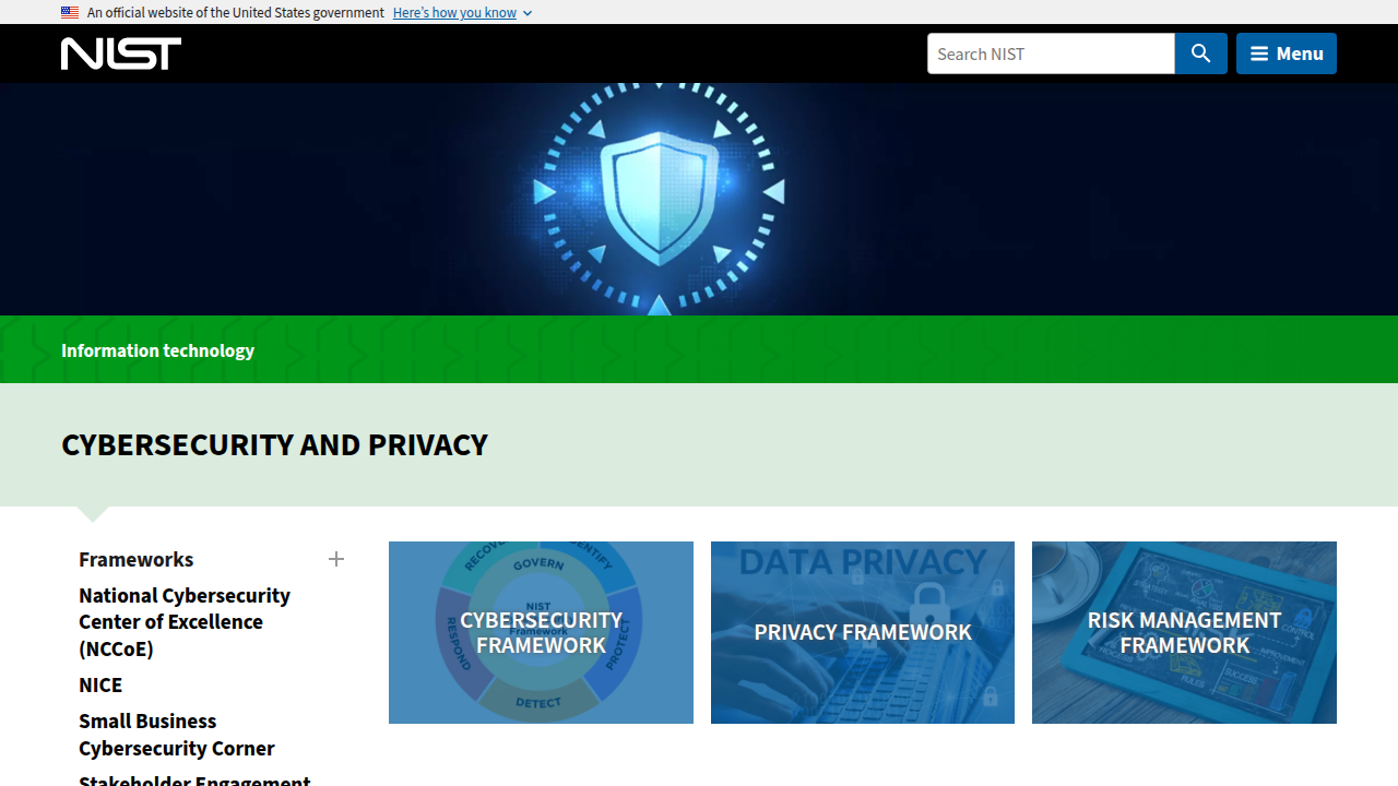 A screenshot of the National Institute of Standards and Technology (NIST) page on Cybersecurity and Privacy, showcasing their guidelines for digital safety.