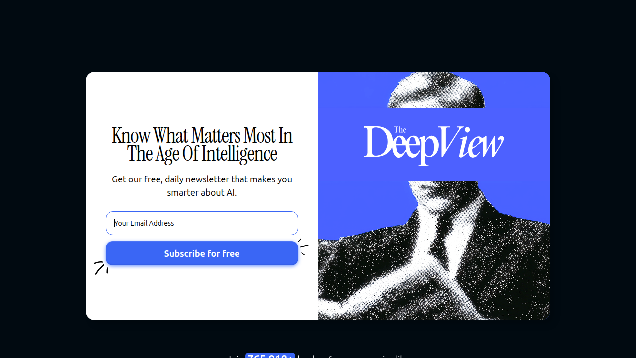 A screenshot of The Deep View Newsletter's subscription page, offering a resource for staying updated on AI and technology news.