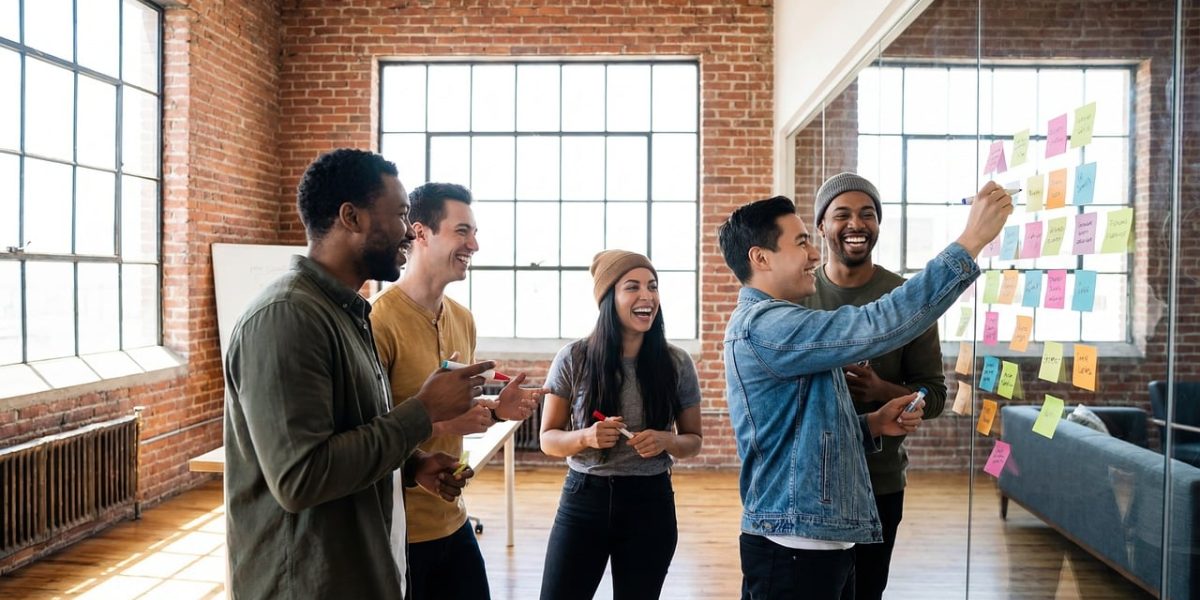 A diverse team engaged in a brainstorming session, fostering creativity and new ideas.