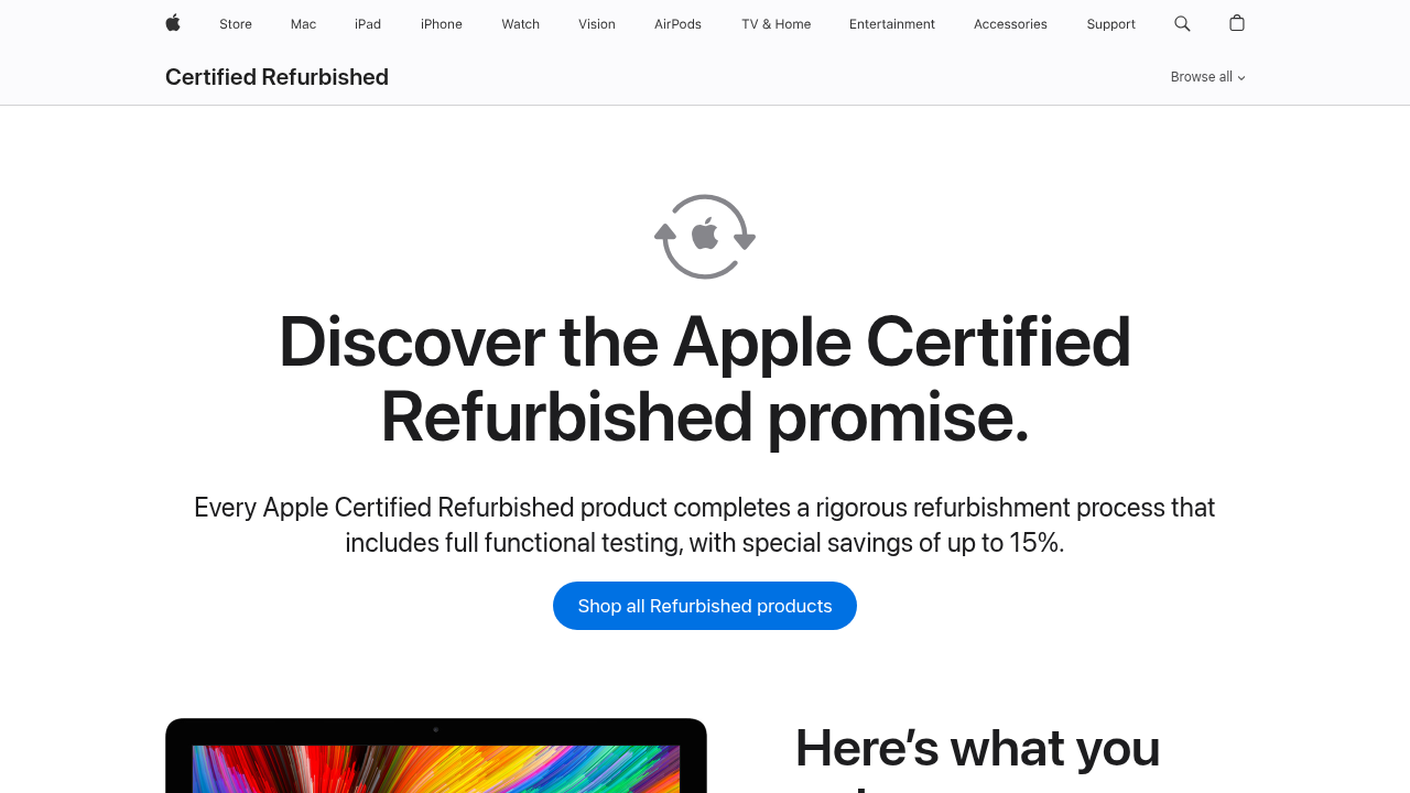 Explore Apple's official Certified Refurbished program, ensuring devices are restored to like-new condition with genuine parts and a one-year warranty.