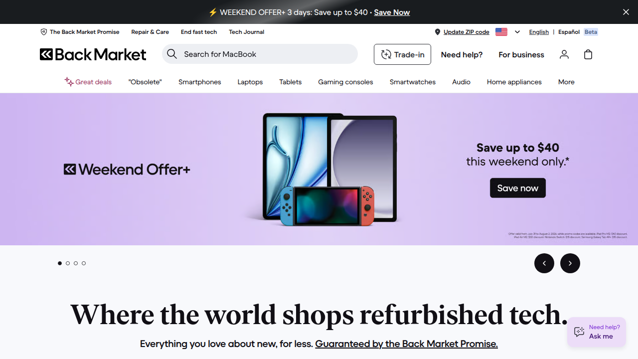 Explore Back Market, a popular specialist refurbishment shop offering a wide variety of refurbished electronics with dedicated checks.