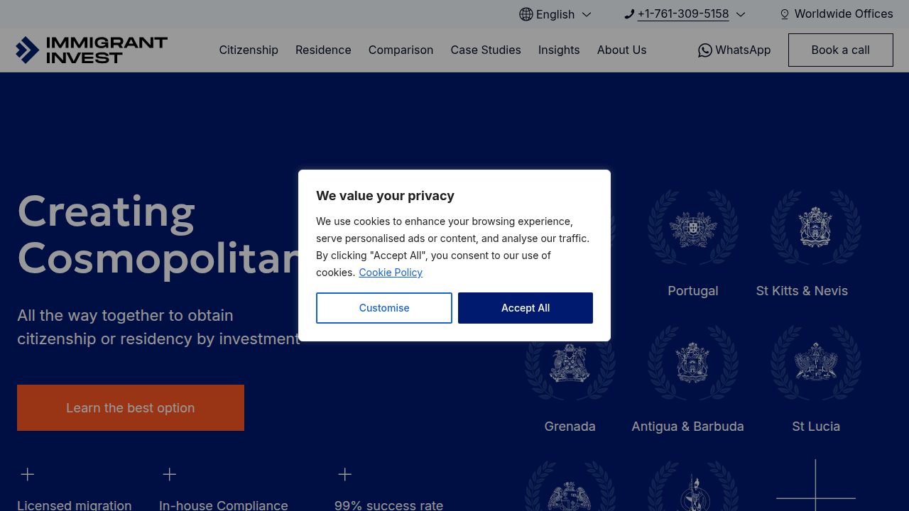 Homepage of Immigrant Invest, a company specializing in citizenship by investment programs.