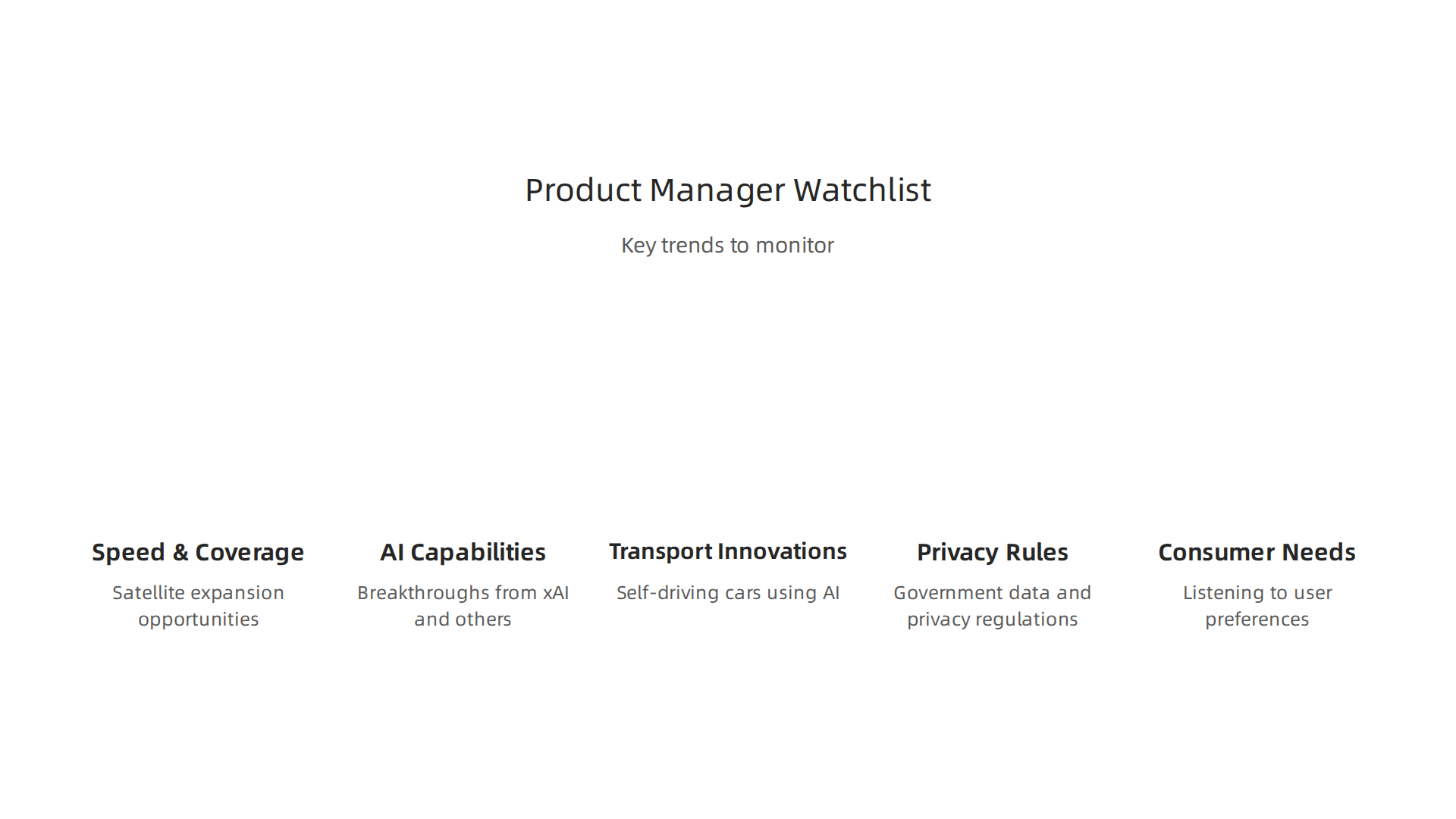 Essential factors for product managers and marketers to monitor in the evolving landscape of satellite internet, AI, and transport integration.
